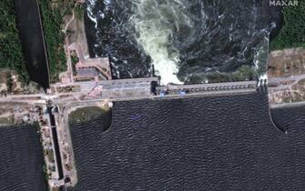 epa10676607 A handout satellite image made available by Maxar Technologies shows a closer view of the Nova Kakhovka dam and hydroelectric plant before its collapse Kherson region, southern Ukraine, 05 June 2023 (issued 06 June 2023). Ukraine has accused Russian forces of destroying a critical dam and hydroelectric power plant on the Dnipro River in the Kherson region along the front line in southern Ukraine on 06 June. A number of settlements were completely or partially flooded, Kherson region governor Oleksandr Prokudin said on telegram. Russian troops entered Ukraine on 24 February 2022 starting a conflict that has provoked destruction and a humanitarian crisis.  EPA/MAXAR TECHNOLOGIES HANDOUT -- MANDATORY CREDIT: SATELLITE IMAGE 2023 MAXAR TECHNOLOGIES -- THE WATERMARK MAY NOT BE REMOVED/CROPPED -- HANDOUT EDITORIAL USE ONLY/NO SALES