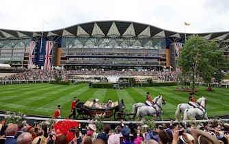 ASCOT, ENGLAND - JUNE 20: Carriage carrying King Charles III and Queen Camilla, The Duke of Wellington and The Duchess of Wellington on day one during Royal Ascot 2023 at Ascot Racecourse on June 20, 2023 in Ascot, England.  (Photo by Tom Dulat/Getty Images for Ascot Racecourse)