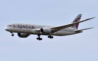 Boeing 787 Dreamliner Qatar Airways .Aircraft to Fiumicino airport.  Fiumicino (Italy), April 18th, 2023. Photographer01