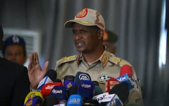 KHARTOUM, SUDAN - AUGUST 10: Mohamed Hamdan Dagalo, Sudanese Deputy Chairman of the Transitional Sovereignty Council, talks during the press conference in Khartoum, Sudan on August 10, 2022. (Photo by Mahmoud Hjaj/Anadolu Agency via Getty Images)