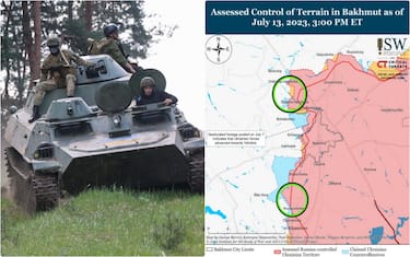 Collage di soldati e mappa del fronte Ucraina-Russia