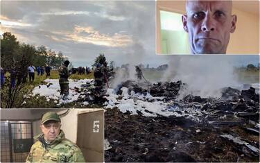 collage: aereo caduto, Prigozhin e Utkin 