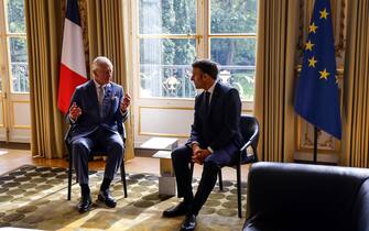 epa10871744 Britain's King Charles III (L) meets with French President Emmanuel Macron at the Elysee Palace in Paris, France, 20 September 2023, on the first day of a state visit to the country. The British royal couple's three-day state visit was initially planned for March and postponed because of unrests in France.  EPA/LUDOVIC MARIN / POOL  MAXPPP OUT
