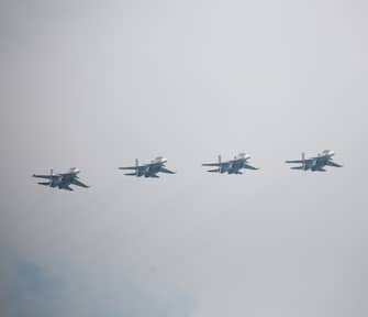 SAINT-PETERSBURG, RUSSIA - JULY 30 : Sukhoi Su-30SM multirole fighter aircraft take part in a ship parade marking Russian Navy Day in St. Petersburg, Russia on July 30, 2017. (Photo by Sergey Mihailicenko/Anadolu Agency/Getty Images)