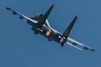 Su-30 fighter jet of aerobatic team "Falcons of Russia" fly during an air show marking 75th anniversary of 6th air force army of Russia in St. Petersburg, Russia, Sunday, June 4, 2017. (Photo by Igor Russak/NurPhoto via Getty Images)