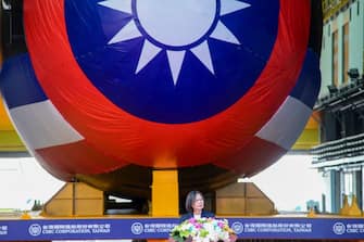 Taiwan's President Tsai Ing-wen speaks in front of Taiwan's first locally built submarine "Narwhal" during the vessel's unveiling ceremony at the CSBC Corporation shipbuilding company in Kaohsiung on September 28, 2023. (Photo by Sam Yeh / AFP) (Photo by SAM YEH/AFP via Getty Images)