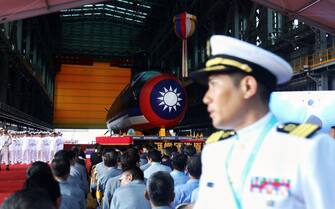 The Taiwan Navy's Hai Kun submarine unveiled during an event at CSBC Corp.'s dockyard in Kaohsiung, Taiwan, on Thursday, Sept.  28, 2023. Taiwan unveiled a prototype of its first submarine assembled at home as it prepares to stave off a potential invasion by China, a feat only made possible with the secretive help of other countries.  Photographer: I-Hwa Cheng/Bloomberg via Getty Images