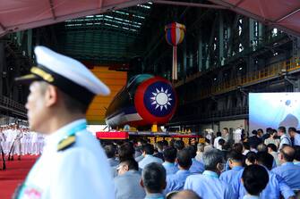 The Taiwan Navy's Hai Kun submarine unveiled during an event at CSBC Corp.'s dockyard in Kaohsiung, Taiwan, on Thursday, Sept. 28, 2023. Taiwan unveiled a prototype of its first submarine assembled at home as it prepares to stave off a potential invasion by China, a feat only made possible with the secretive help of other countries. Photographer: I-Hwa Cheng/Bloomberg via Getty Images