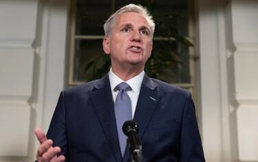 epa10892226 US Speaker of the House Kevin McCarthy speaks to members of the news media following a meeting of the House Republican Conference on Capitol Hill in Washington, DC, USA, 30 September 2023. Speaker McCarthy announced the House will vote on a stop-gap government funding measure. The Senate and House of Representatives are working on measures to avert a government shutdown before a 01 October deadline. EPA/MICHAEL REYNOLDS