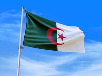 Beautiful Algeria flag waving with sky background - 3D illustration - 3D render