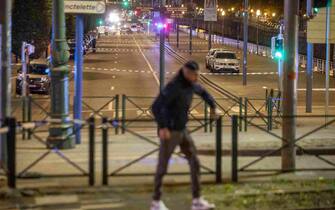 Illustration picture shows the police perimeter at the site of a shooting incident in the Ieperlaan - Boulevard d'Ypres, Brussels, Monday 16 October 2023. BELGA PHOTO HATIM KAGHAT (Photo by HATIM KAGHAT / BELGA MAG / Belga via AFP) (Photo by HATIM KAGHAT/BELGA MAG/AFP via Getty Images)