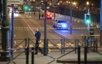 This photograph shows the police perimeter at the site of a shooting incident in the Ieperlaan - Boulevard d'Ypres, Brussels, on October 16, 2023. Prosecutor's office announced two killed in a shooting in Brussels on October 16, 2023. (Photo by HATIM KAGHAT / Belgian / AFP) / Belgium OUT (Photo by HATIM KAGHAT/Belgian/AFP via Getty Images)