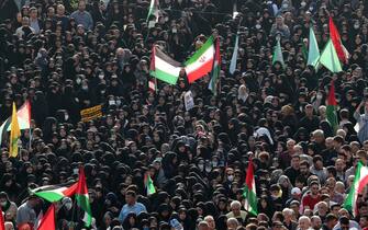 epa10925652 Thousands of Pro-Palestine supporters gathered during an anti-Israeli rally to show their solidarity with Gaza people in Enghelab square, after the Gaza hospital strike, in Tehran, Iran, 18 October 2023. According to Palestinian authorities in Gaza hundreds of people have been killed in an airstrike to the hospital in Gaza on 17 October.  Israel has denied responsibility and said a Hamas rocket misfire caused the blast.  More than 3,000 Palestinians and 1,400 Israelis have been killed according to the Israel Defense Forces (IDF) and the Palestinian Health authority since Hamas militants launched an attack against Israel from the Gaza Strip on 07 October.  Israel has warned all citizens of the Gaza Strip to move to the south ahead of an expected invasion.  EPA/ABEDIN TAHERKENAREH