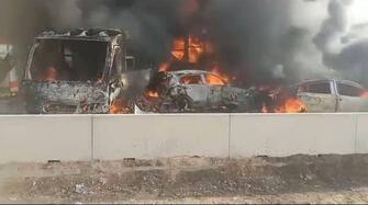 (231028) -- CAIRO, Oct. 28, 2023 (Xinhua) -- An image from Facebook shows the scene of multiple vehicle collisions in Beheira governorate, Egypt, Oct. 28, 2023. At least 35 people were killed and 53 others injured Saturday in multiple vehicle collisions on a desert road in Egypt's Beheira governorate, state-run Ahram newspaper reported.  (Xinhua) - Sui Xiankai -//CHINENOUVELLE_XxjpbeE007217_20231028_PEPFN0A001/Credit:CHINE NOUVELLE/SIPA/2310281456