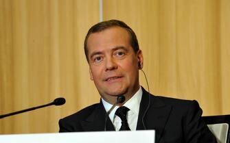 Le Havre on 24 June 2019 Edouard Philippe recoit the Russian Prime Minister Dmitri Medvedev in Havre.  Working visit of Russian Prime Minister Dmitry Medvedev to Le Havre.  Russian Prime Minister Dmitry Medvedev (center) and French Prime Minister Edouard Philippe (right) during the joint press conference following the meeting.  June 24, 2019. France, Le Havre.  //BEAUFILS_1730.14485/1906241857/Credit:ROBERT BEAUFILS/SIPA/1906241858