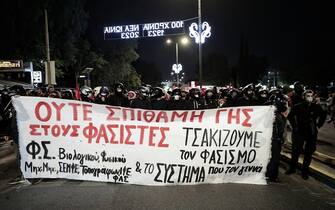 Anti-fascist counter-rally at the far-right call for the 10-year anniversary of the murder of Golden Dawn members, outside the former Golden Dawn offices in Neo Heraklion, Greece on November 1, 2023. (Photo by Konstantinos Zilos/NurPhoto via Getty Images)