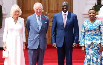 NAIROBI, KENYA - OCTOBER 31: (LR) Queen Camilla, King Charles III, President of the Republic of Kenya, William Ruto, and the First Lady of the Republic of Kenya, Rachel Ruto pose during a Ceremonial Welcome at State House on October 31 , 2023 in Nairobi, Kenya.  King Charles III and Queen Camilla are visiting Kenya for four days at the invitation of Kenyan President William Ruto, to celebrate the relationship between the two countries.  The visit comes as Kenya prepares to commemorate 60 years of independence.  (Photo by Chris Jackson/Getty Images)