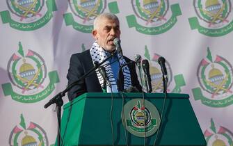 Yahya Sinwar, leader of the Palestinian Hamas Islamist movement take part in a rally organized to mark the movement's 35th founding anniversary.