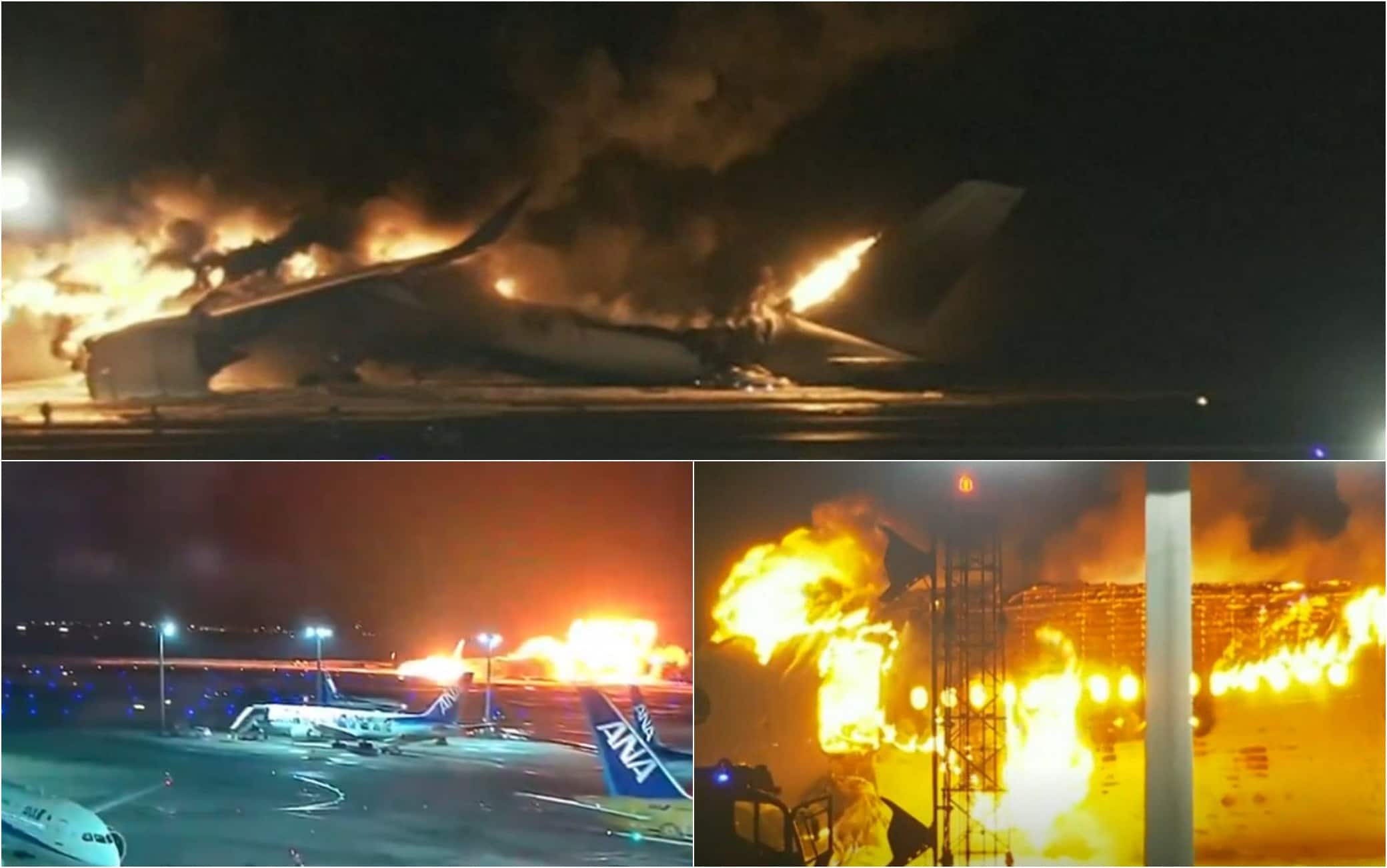 L'aereo in fiamme sulla pista dello scalo di Tokyo