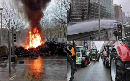 Trattori a Bruxelles, nuove proteste: roghi e idranti. FOTO