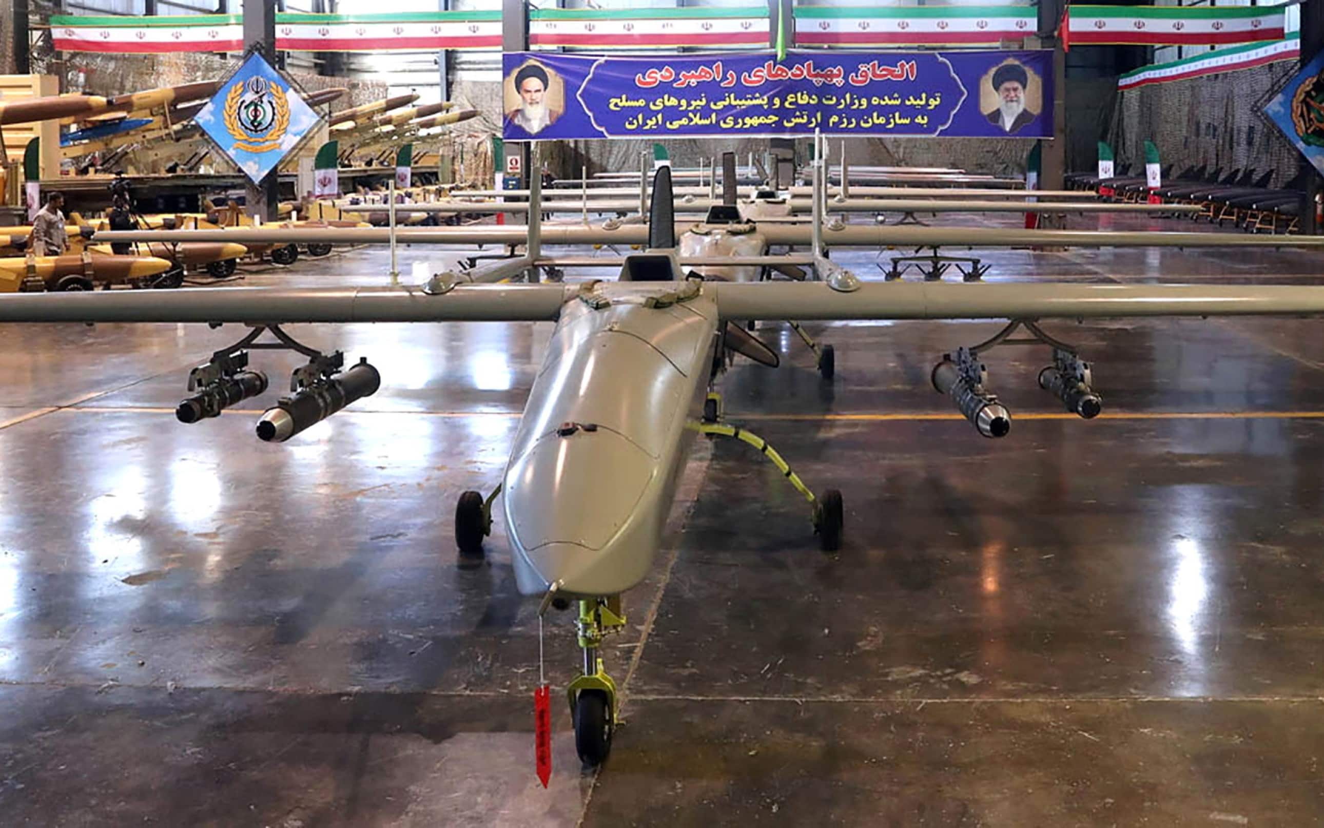 epa11098051 A handout photo made available by the Iranian Ministry of Defence and Armed Forces Logistics (MODAFL) on 23 January 2024 shows Iranian-made unmanned aerial vehicles (UAV) displayed during a ceremony in Tehran, Iran. A 'large number' of Iranian-made drones joined the Army's combat units in several parts of the country, the Iranian Defense Ministry announced on 23 January.  EPA/IRANIAN MINISTRY OF DEFENCE HANDOUT -- BEST QUALITY AVAILABLE -- HANDOUT EDITORIAL USE ONLY/NO SALES HANDOUT EDITORIAL USE ONLY/NO SALES