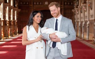 The Duke and Duchess of Sussex with their baby son (Name later announced as Archie Harrison Mountbatten-Windsor), who was born on Monday morning, during a photocall in St George's Hall at Windsor Castle in Berkshire.