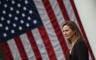 Judge Amy Coney Barrett is nominated to the US Supreme Court by President Donald Trump in the Rose Garden of the White House in Washington, DC on September 26, 2020. - Barrett, if confirmed by the US Senate, will replace Justice Ruth Bader Ginsburg, who died on September 18. (Photo by Olivier DOULIERY / AFP) (Photo by OLIVIER DOULIERY/AFP via Getty Images)