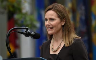 Judge Amy Coney Barrett speaks after being nominated to the US Supreme Court by President Donald Trump in the Rose Garden of the White House in Washington, DC on September 26, 2020. - Barrett, if confirmed by the US Senate, will replace Justice Ruth Bader Ginsburg, who died on September 18. (Photo by Olivier DOULIERY / AFP) (Photo by OLIVIER DOULIERY/AFP via Getty Images)