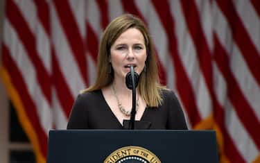Judge Amy Coney Barrett speaks after being nominated to the US Supreme Court by President Donald Trump in the Rose Garden of the White House in Washington, DC on September 26, 2020. - Barrett, if confirmed by the US Senate, will replace Justice Ruth Bader Ginsburg, who died on September 18. (Photo by Olivier DOULIERY / AFP) (Photo by OLIVIER DOULIERY/AFP via Getty Images)