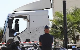 The truck that plowed into the crowd in Nice, southern France, Friday July 15, 2016. A large truck plowed through revelers gathered for Bastille Day fireworks in Nice, killing more than 80 people along the Riviera city's famed waterfront Promenade des Anglais in Nice, FRANCE-07/15/2016 .// ABENHAIM_1526.027 / Credit: william / SIPA / 1607151604