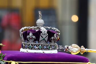 The crown is seen as the coffin of Britain's Queen Elizabeth is carried into the Westminster Abbey on the day of her state funeral and burial, in London, Britain, September 19, 2022. (Photo by HANNAH MCKAY / POOL / AFP) (Photo by HANNAH MCKAY/POOL/AFP via Getty Images)