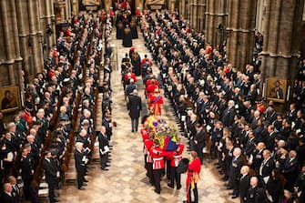 LONDON, ENGLAND - SEPTEMBER 19:  A general view during the State Funeral Service for Queen Elizabeth II, at Westminster Abbey on September 19, 2022 in London, England. Elizabeth Alexandra Mary Windsor was born in Bruton Street, Mayfair, London on 21 April 1926. She married Prince Philip in 1947 and ascended the throne of the United Kingdom and Commonwealth on 6 February 1952 after the death of her Father, King George VI. Queen Elizabeth II died at Balmoral Castle in Scotland on September 8, 2022, and is succeeded by her eldest son, King Charles III.(Photo David Levene - WPA Pool/Getty Images)
