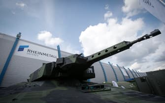 The Rheinmetall logo is seen above the turret of a Boxer vehicle at the 25th International Defence Industry Exhibition on 8 September, 2017. (Photo by Jaap Arriens/NurPhoto)