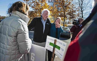 Nov 8, 2016; Burlington, VT, USA;  Former presidential candidate senator Bernie Sanders , I-VT, arrives with his wife Jane O'Meara Sanders to cast their ballots in the presidential election at the Robert Miller Community and Recreation Center. Mandatory Credit: Glenn Russell/Burlington Free Press via USA TODAY NETWORK *** Please Use Credit from Credit Field ***