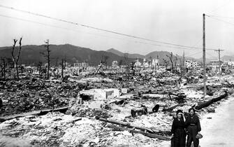 Desolation and dilapidated structures in Hiroshima following the atomic bombing of Japan, 1945. Image courtesy US Department of Energy. (Photo via Smith Collection/Gado/Getty Images).