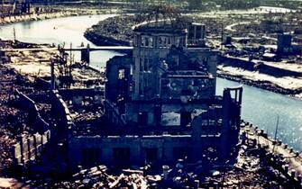 HIROSHIMA, JAPAN:  This September 1945 file picture shows the remaining of the Hiroshima Prefectural Industry Promotion Building, known as the Atomic-Bomb Dome, which was later preserved as a monument. (Photo credit should read AFP via Getty Images)