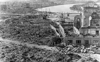 Devastation at Hiroshima, after the atomic bomb was dropped. The building on the right was preserved as the Hiroshima Peace Memorial, Atomic Bomb Dome or Genbaku Dome.(Photo by Keystone/Getty Images)