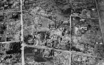 3316597 6th August 1945: An aerial view of the atomic bomb damage at Hiroshima. (Photo by Keystone/Getty Images)