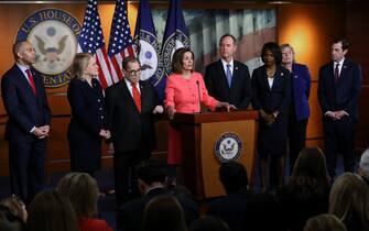 WASHINGTON, DC - JANUARY 15: U.S. Speaker of the House Nancy Pelosi (D-CA) (C) announces that (L-R) Rep. Hakeem Jeffries (D-NY), Rep. Sylvia Garcia (D-TX), Rep. Jerrold Nadler (D-NY), Rep. Adam Schiff (D-CA), Rep. Val Demings (D-FL), Rep. Zoe Lofgren (D-CA) and Rep. Jason Crow (D-CO) will be managers of the Senate impeachment trial of President Donald Trump at the U.S. Capitol January 15, 2020 in Washington, DC. The House of Representatives is scheduled to vote to send the articles of impeachment to the Senate later in the day and Senate Majority Leader Mitch McConnell (R-KY) said the trial will begin next Tuesday. (Photo by Chip Somodevilla/Getty Images)