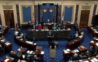 1301970317 WASHINGTON, DC - FEBRUARY 13: In this screenshot taken from a congress.gov webcast, Bruce Castor Jr., defense lawyer for former President Donald Trump, speaks on the fifth day of former President Donald Trump's second impeachment trial at the U.S. Capitol on February 13, 2021 in Washington, DC. In a surprise move, the Senate voted 55-45 to call witnesses in the impeachment trial. House impeachment managers had argued that Trump was “singularly responsible” for the January 6th attack at the U.S. Capitol and he should be convicted and barred from ever holding public office again. (Photo by congress.gov via Getty Images)
