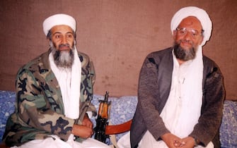 397285 02: UNDATED PHOTO Osama bin Laden (L) sits with his adviser Ayman al-Zawahiri, an Egyptian linked to the al Qaeda network, during an interview with Pakistani journalist Hamid Mir at an undisclosed location in Afghanistan. In the article, which was published November 10, 2001 in Karachi, bin Laden said he had nuclear and chemical weapons and might use them in response to U.S. attacks. (Photo by Visual News/Getty Images)