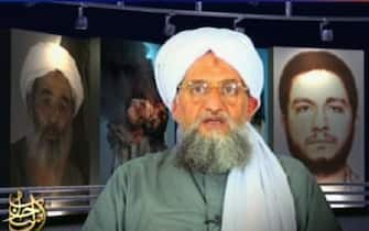 -, -:  QATAR AND INTERNET OUT A frame grab from a videotape aired 27 July 2006 on Al-Jazeera television shows Al-Qaeda second-in-command Ayman Al-Zawahiri, who vowed in his message that Al-Qaeda will carry out attacks against Israel and its US backers to avenge the Israeli onslaughts on Lebanon and the Gaza Strip. It was the first reaction by Al-Qaeda to the onslaughts which started in late June in Gaza and on July 12 in Lebanon, triggered by the capture of Israeli soldiers by Palestinian militants and Lebanon's Shiite Hezbollah movement. AFP PHOTO/AL-JAZEERA  (Photo credit should read -/AFP via Getty Images)