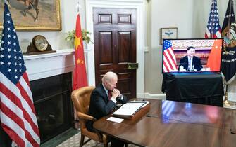 US President Joe Biden listens during a virtual summit with Chinese President Xi Jinping in the Roosevelt Room of the White House in Washington DC, USA, 15 November 2021. ANSA/SARAH SILBIGER / POOL