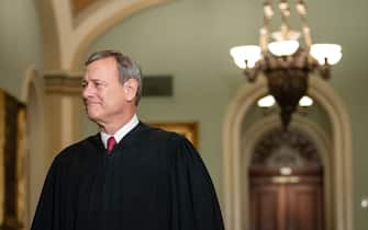 WASHINGTON, DC  JANUARY 16:  Supreme Court Chief Justice John Roberts arrives to the Senate chamber for impeachment proceedings at the U.S. Capitol on January 16, 2020 in Washington, DC. On Thursday, the House impeachment managers will read the articles of impeachment against President Trump in the Senate chamber and the chief justice of the Supreme Court and every senator will be sworn in. (Photo by Drew Angerer/Getty Images)