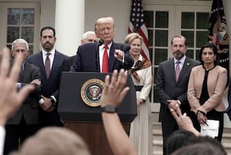 U.S. President Donald Trump speaks to the media at a news conference to declare National Emergency on COVID-19 coronavirus in the Rose Garden of the White House in Washington on March 13, 2020. Photo by Ken Cedeno/ABACAPRESS.COM