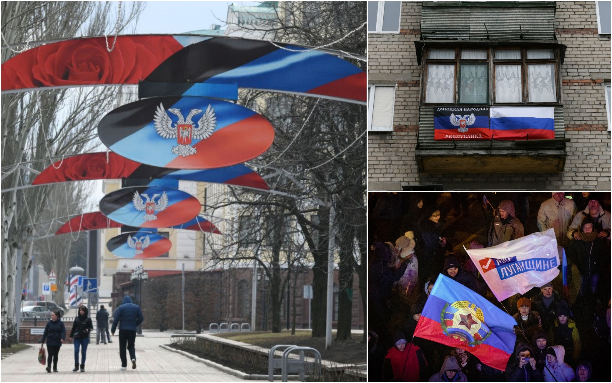 Ucraina, le bandiere delle repubbliche separatiste filorusse del Donbass.  FOTO | Sky TG24