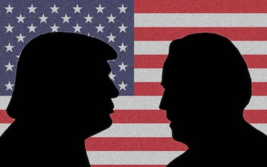 Donald J. Trump and Joe Biden in front of US flag (photomontage). The United States 2020 presidential election is scheduled for November 3, 2020. It is the 59th presidential election. | usage worldwide