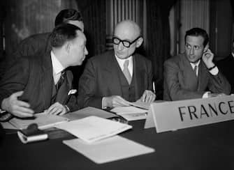 The French delegation with Foreign Minister Robert Schuman is pictured during the fourth session of the Committee of Ministers of the Council of Europe in Paris on June 3, 1950. - The fourth session of the Committee of Ministries of the Council of Europe opened in the Clock Salon of the Ministry of Foreign Affairs under the chairmanship of General and politician Nikolaos Plastiras, President of the Government and Minister of Foreign Affairs of Greece. (Photo by - / INTERCONTINENTALE / AFP) (Photo by -/INTERCONTINENTALE/AFP via Getty Images)