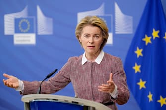 BRUSSELS, BELGIUM - FEBRUARY 19: European Commission President Ursula Von der Leyen gives a press conference on a new strategy on Europes Digital Future at the European Commission on February 19, 2020 in Brussels, Belgium. (Photo by Thierry Monasse/Getty Images)