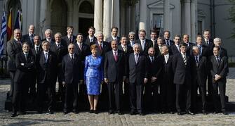 DUBLIN, IRELAND - MAY 1: Leaders of the new European Union member states pose for a group photo during the Day of Welcomes ceremony May 1, 2004 in Dublin. They are  (L to R back row) Bulgaria's Prime Minister Simeon Saxe-Coburg Gotha, Poland's Prime Minister Leszek Miller, Belgium's Prime Minister Guy Verhofstadt, Slovenia's Prime Minister Anton Rop, Spain's Prime Minister Jose-Luis Rodriguez Zapatero, Slovakia's Prime Minister Mikulas Dzurinda, Denmark's Prime Minister Anders Fogh Rasmussen, Greek prime Minister Kostas Karamanlis, Italy's prime Minister Silvio Berlusconi, and Turkey's Prime Minister Recep Tayyip Erdogan, (L to R middle row) Sweden Prime Minister Goran Persson, Malta's Prime Minister Lawrence Gonzi, Hungary's Prime Minister Peter Medgyessy, Portugal's Prime Minister Jose Manuel Durao Barroso, Lithuania's Prime Minister Algirdas Brazauskas, Germany's Chancellor Gerhard Schroeder, Finland's Prime Minister Matti Vanhanen, Austria's Prime Minister Wolfgang Schussel, Estonia's Prime Minister Juhan Parts, Britain's Prime Minister Tony Blair, Czech Republic's Prime Minister Vladimir Spidla, (L to R front row) President of the European Commission Romano Prodi, Luxembourg's Prime Minister Jean-Claude Juncker, Romania's President Ion Iliescu, Latvia's President Vaira Vike-Frieberga, French Presdent Jaques Chirac, Irish Prime Minister Bertie Ahern, Cyprus President Tassos Papadopoulos, Poland's President Aleksander Kwasniewski, Netherland's Prime Minister Jan Peter Balkenende, President of the European Parliament Pat Cox and Secretary general of the European Parliament Javier Solana.Ten new nations, Cyprus, Czech Republic, Estonia, Hungary, Latvia, Lithuania, Malta, Poland, Slovakia and Slovenia today become members of the EU, in the biggest expansion of the Union since it began.    (Photo by Ian Waldie/Getty Images)